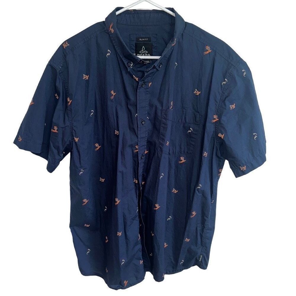 Prana Broderick Slim fit pattern navy blue Short Sleeve Button Front